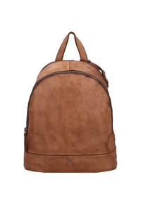 Zaino in pelle marrone con forma arrotondata, dotato di manico superiore e zip frontale. Texture liscia con sottili variazioni di tonalità.