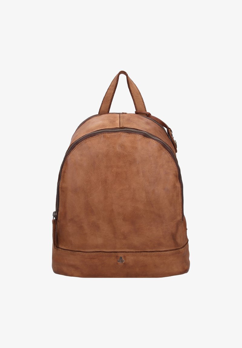 Sac à dos en cuir marron avec une forme arrondie, doté d'une poignée supérieure et d'une fermeture éclair à l'avant. Texture lisse avec de subtiles variations de teinte.