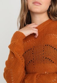 Maglione lavorato a maglia color ruggine con una texture a coste, caratterizzato da motivi a traforo sulle maniche e sul corpo. Girocollo e maniche lunghe.