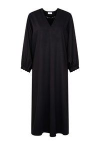 Schwarzes, langärmeliges Kleid mit V-Ausschnitt und gerafften Manschetten. Hergestellt aus glattem Stoff, verfügt es über eine lockere A-Linie.