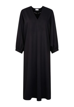 Sort, langærmet kjole med V-udskæring og samlede manchetter. Lavet af blødt stof, har den en løs A-linje silhuet.
