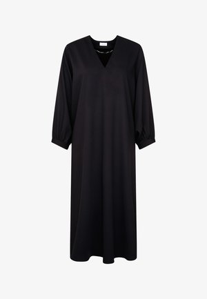 Sort, langærmet kjole med V-udskæring og samlede manchetter. Lavet af blødt stof, har den en løs A-linje silhuet.