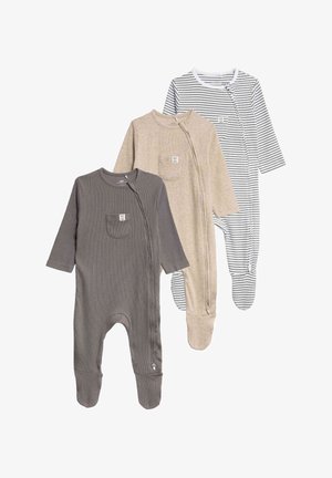Tre langærmede babysovse i grå, beige og hvid med sorte striber, hver med lynlås foran og brystlomme.