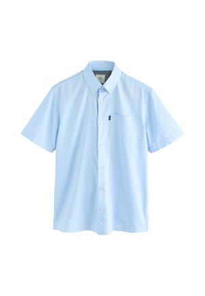 Camicia a maniche corte azzurro chiaro in cotone, con taschino sul petto e patta con bottoni bianchi. Tessuto liscio, design con colletto classico.