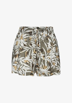 Groene shorts met een wit en bruine tropische bladenpatroon. Voorzien van een elastische tailleband met een trekkoord. Lichtgewicht stof.