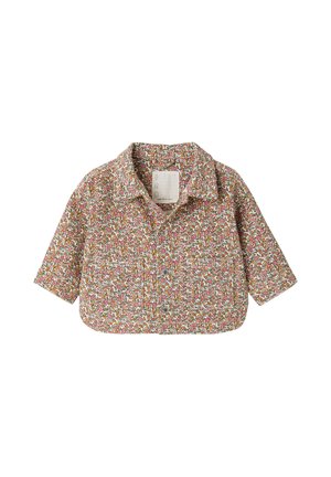 Kinderjacke mit langen Ärmeln und Knöpfen, mit rosa, orange und grünem Blumenmuster und zwei Fronttaschen auf weißem Hintergrund.