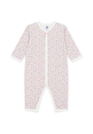 Weißer Baby-Strampler mit langen Ärmeln, kleinem rosa-grünem Blumenmuster und vorderem Reißverschluss.