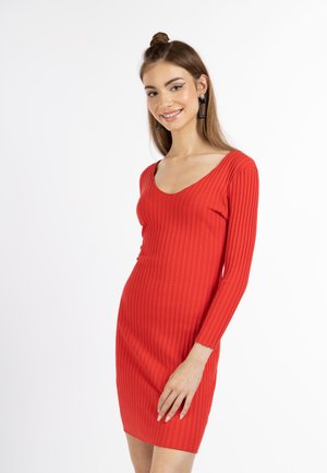 Junge Frau mit langen braunen Haaren, die ein rotes, geripptes langärmeliges Kleid trägt und vor einem weißen Hintergrund lächelt.