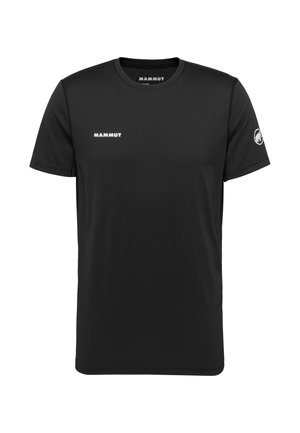 Zwart T-shirt met korte mouwen en ronde hals, voorzien van een wit "Mammut"-logo op de borst en een mammoet-embleem op de linker mouw.