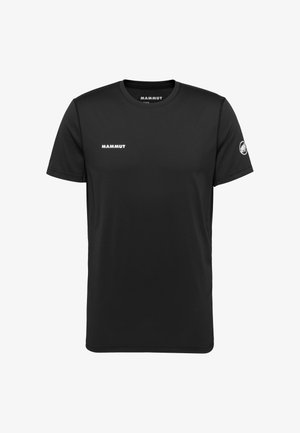 Zwart T-shirt met korte mouwen en ronde hals, voorzien van een wit "Mammut"-logo op de borst en een mammoet-embleem op de linker mouw.