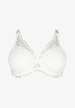 Vitt spetsbehå med blommönster, formade kupor och vågiga kanter. Justerbara axelband och hysk-och-ögla stängning bak.