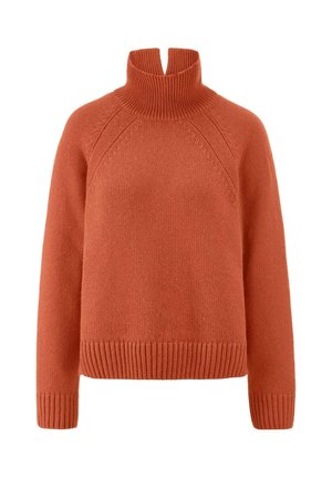 Rost-orange gestrickter Pullover mit hohem, geripptem Kragen, Raglanärmeln und geripptem Saum. Weiche Textur mit leichtem, cropped Design.