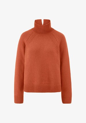 Rost-orange gestrickter Pullover mit hohem, geripptem Kragen, Raglanärmeln und geripptem Saum. Weiche Textur mit leichtem, cropped Design.