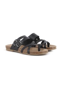 Sandalias negras con múltiples correas estrechas, una plantilla de corcho y dos hebillas ajustables. La suela es beige con acentos texturizados.
