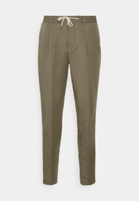Olive green tapered trousers in a lightweight, textured fabric. Features an elastic waistband with a drawstring, and front pleats for added detail.