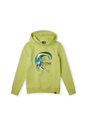 Felpa verde con cappuccio e stampa grafica che presenta vortici blu e neri e una figura. Realizzata in tessuto morbido con maniche lunghe.