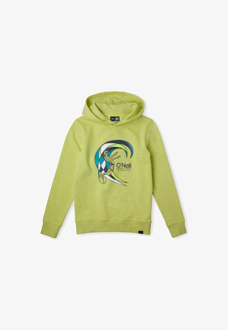 Sudadera con capucha verde con un estampado gráfico que presenta remolinos azules y negros y una figura. Confeccionada en tela suave y con mangas largas.