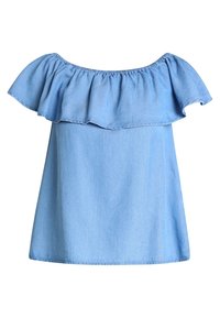 Ljust blå denim av-axeln topp med en samlad volang runt halsringningen och en lös, avslappnad passform, med en rak nederkant.