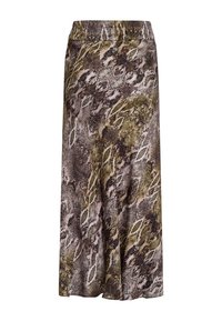 Knielanger Rock aus leichtem Stoff mit einem erdigen Schlangenprint-Muster in Grün-, Braun- und Lilatönen. Elastischer Bund.