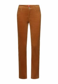 Pantalon droit en velours côtelé marron avec poches avant, passants de ceinture et fermeture par bouton métallique à la taille.