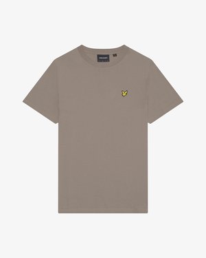 T-shirt à manches courtes de couleur tan en coton. Présente un petit logo brodé jaune sur la poitrine gauche. Design classique à col rond.
