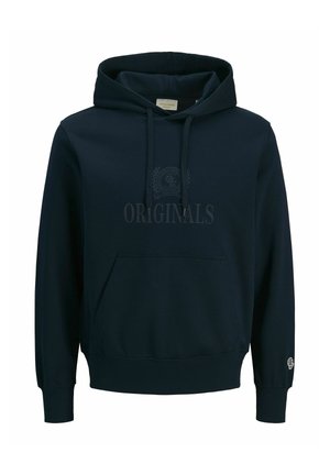 Sweat à capuche bleu foncé avec poche avant, cordons et texte et emblème subtils "Originals" sur la poitrine et la manche.