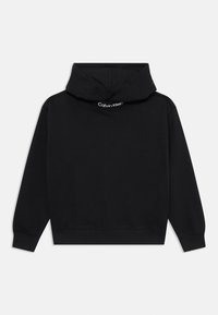 Hoodie noir en mélange de coton, avec une poche kangourou à l'avant, des poignets côtelés et un logo sur la capuche. Design simple et minimal.