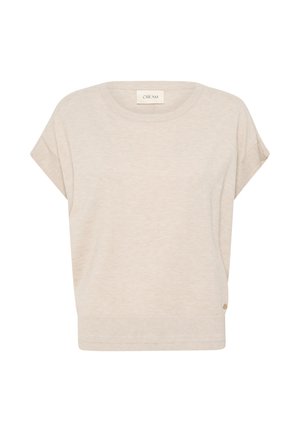 Bežasti pulover kratkih rukava s okruglim izrezom, rebrastim rubom i mekanom teksturom. Sadrži mali logo detalj na donjoj strani.