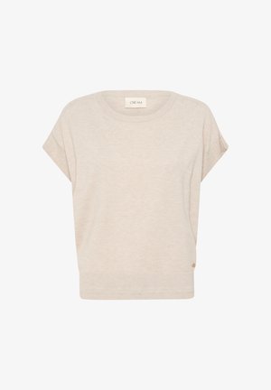 Bežasti pulover kratkih rukava s okruglim izrezom, rebrastim rubom i mekanom teksturom. Sadrži mali logo detalj na donjoj strani.