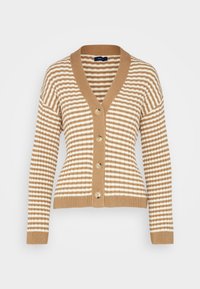 Beiger und cremfarbener gestreifter Cardigan mit V-Ausschnitt, Knopfverschluss und gerippten Bündchen. Hergestellt aus strukturiertem Strickstoff.