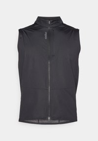 Gilet sans manches noir en tissu léger, doté d'une fermeture éclair à l'avant, d'un col haut et d'un design minimaliste sans motifs supplémentaires.