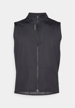 Kergest mustriga must ilma varrukateta vest, millel on lukuga esiosa, kõrge krae ja minimalistlik disain ilma lisamustriteta.