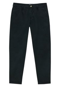 Tmavě modré bavlněné chino kalhoty s rovnými nohavicemi, předními kapsami, knoflíkovým zapínáním a jemným šitím podél švů.