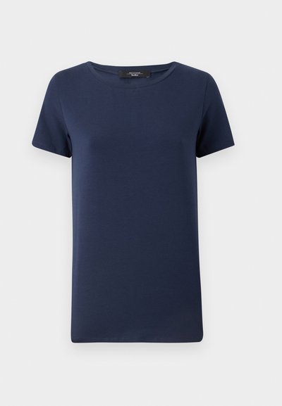 T-shirt bleu marine à manches courtes en mélange de coton doux, avec un col rond classique et une coupe décontractée, sans motifs ni accents visibles.