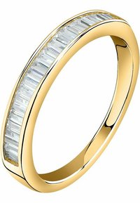 Goldring mit einer Reihe von baguettegeschliffenen klaren Steinen, die in einem geschwungenen Design angeordnet sind. Glatte Oberfläche, polierte Ausführung mit subtiler Ausstrahlung.