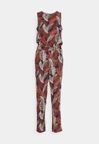 Ärmlös jumpsuit i marinblått med ett bladmönster i röd, beige och kräm; har en avslappnad passform och en elastisk midja för komfort.