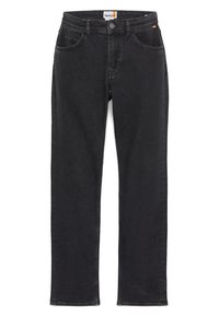 Zwarte denim jeans hebben een rechte pasvorm, vijf zakken en een metalen knoopsluiting. De stiksels zijn in een contrasterende kleur.