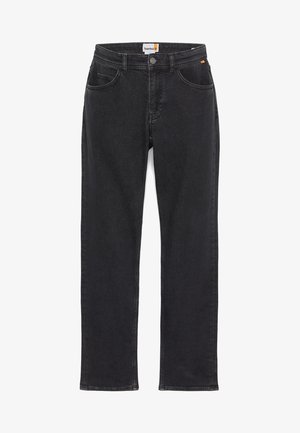 I jeans in denim nero presentano una vestibilità dritta, un design a cinque tasche e una chiusura con bottone metallico. I punti sono di un colore contrastante.