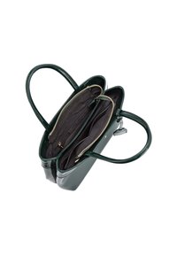 Groene leren handtas met een gepolijste afwerking, twee met rits afgesloten compartimenten en twee handvaten. Het interieur is voorzien van een donkere stoffen voering.