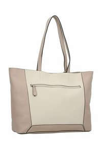 Bolso tote de un beige claro con acentos en un beige oscuro. Material de cuero suave, forma rectangular, que cuenta con un bolsillo frontal con cremallera y dos asas para el hombro.