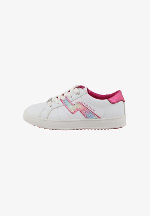 White sneaker with pink accents, metallic heel, and iridescent zigzag design on the side. Features white laces and a textured rubber sole.