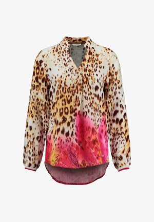 Blusa con stampa leopardata e sfumatura rosa, maniche lunghe, scollo a V e orlo arrotondato. Realizzata in tessuto leggero con una consistenza morbida.