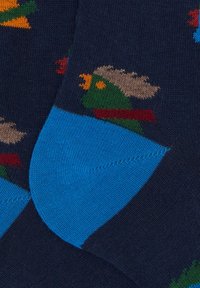 Calze blu navy con motivi colorati di anatre e fiori. Accento blu sul tallone, trama a maglia con dettagli fini.