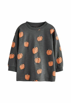 Grå langærmet sweatshirt med gentagne orange græskar-mønstre med grønne toppe. Rund hals og ribbede manchetter fuldender designet.