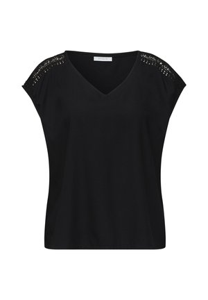 Blusa nera a maniche corte con scollo a V con dettagli in pizzo sulle spalle e orlo dritto.