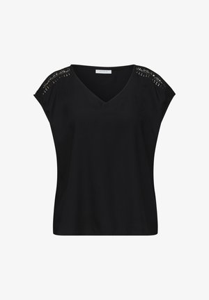 Schwarze V-Ausschnitt-Bluse mit kurzen Ärmeln, Spitzenverzierung auf den Schultern und geradem Saum.