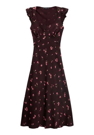 Mørkebrun midikjole med lyserødt blomsterprint, korte flæseærmer, tætsiddende krop og udvidet skørt.