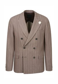 Brauner, doppelt geknöpfter Blazer mit vertikalen Streifen und subtilem Glanz. Verfügt über schwarze Knöpfe, zwei Fronttaschen und eine dekorative Brosche.
