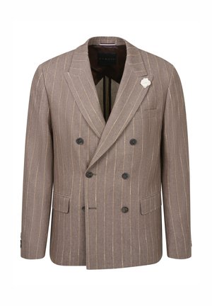 Brown double-breasted blazer with vertical stripes and a subtle sheen. Features black buttons, two front pockets, and a decorative pin.
