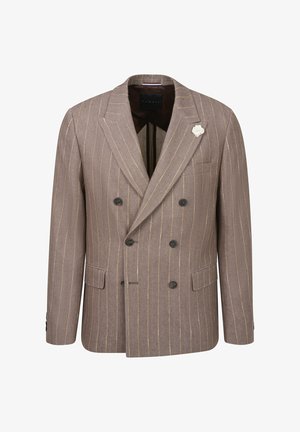 Brauner, doppelt geknöpfter Blazer mit vertikalen Streifen und subtilem Glanz. Verfügt über schwarze Knöpfe, zwei Fronttaschen und eine dekorative Brosche.